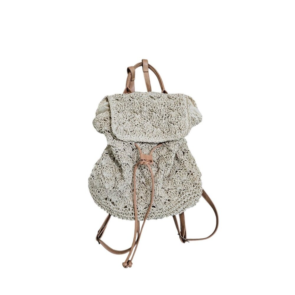 Woven Straw Crochet Backpack Beige Boho Drawstring Lined Summer Festival Bag - Picture 2 of 7